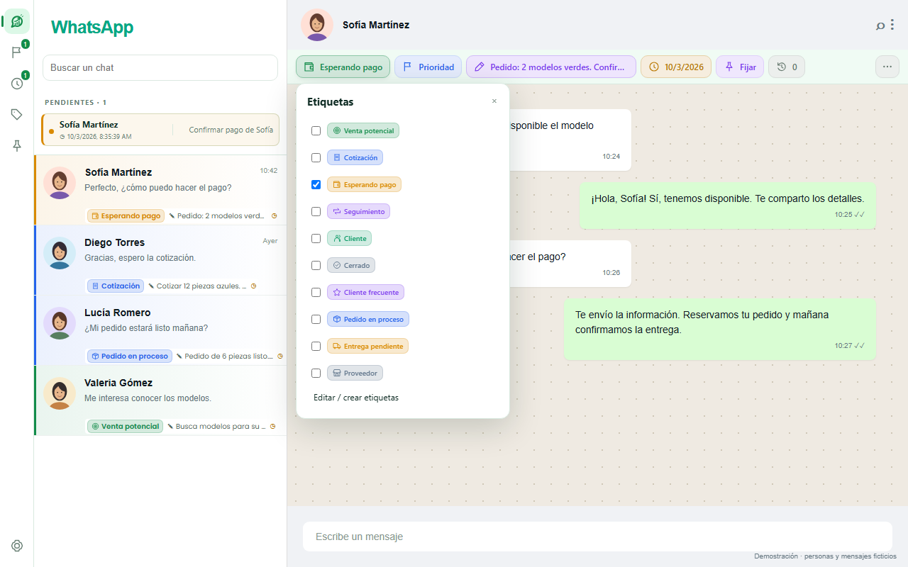 Venta Ping: menú de etiquetas y conversaciones organizadas
