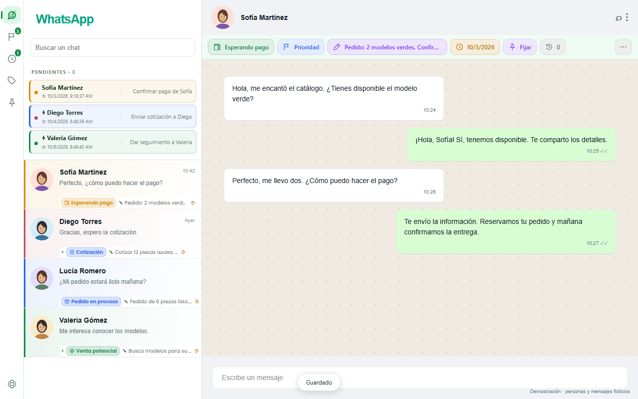 Captura de Venta Ping en WhatsApp Web: clientes organizados con etiquetas, notas y pendientes